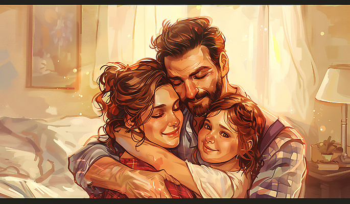 JPG 여자 남자 딸 행복 어린이 일러스트 가족 포옹 엄마 사랑 미소 소녀 성인 세명 아빠 국내일러스트 AI일러스트 AI콘텐츠 감정 관계 안기 표정 사람 파일형식