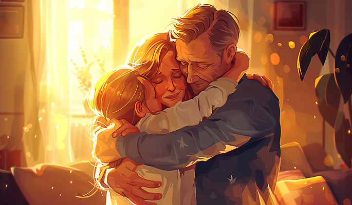 JPG 여자 남자 딸 행복 어린이 일러스트 가족 포옹 엄마 사랑 미소 소녀 성인 세명 아빠 국내일러스트 AI일러스트 AI콘텐츠 감정 관계 안기 표정 사람 파일형식