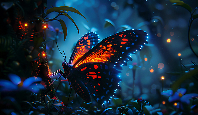 JPG 편집이미지 나비 곤충 이야기 사람없음 야간 숲 달빛 이미지편집 편집실사 AI컴퓨터그래픽 AI콘텐츠 자연요소 동물 달 CG 파일형식