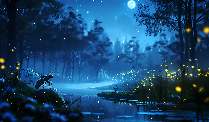 JPG 편집이미지 곤충 이야기 사람없음 야간 숲 벌 달빛 이미지편집 편집실사 AI컴퓨터그래픽 AI콘텐츠 자연요소 동물 달 CG 파일형식