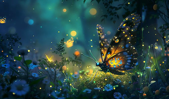 JPG 편집이미지 나비 곤충 이야기 사람없음 야간 숲 달빛 이미지편집 편집실사 AI컴퓨터그래픽 AI콘텐츠 자연요소 동물 달 CG 파일형식