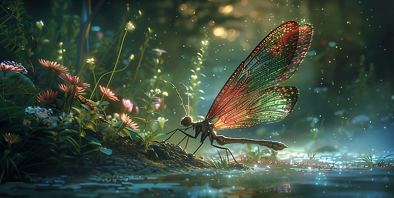 JPG 편집이미지 꽃 곤충 이야기 사람없음 잠자리 야간 숲 달빛 이미지편집 편집실사 AI컴퓨터그래픽 AI콘텐츠 자연요소 식물 동물 달 CG 파일형식