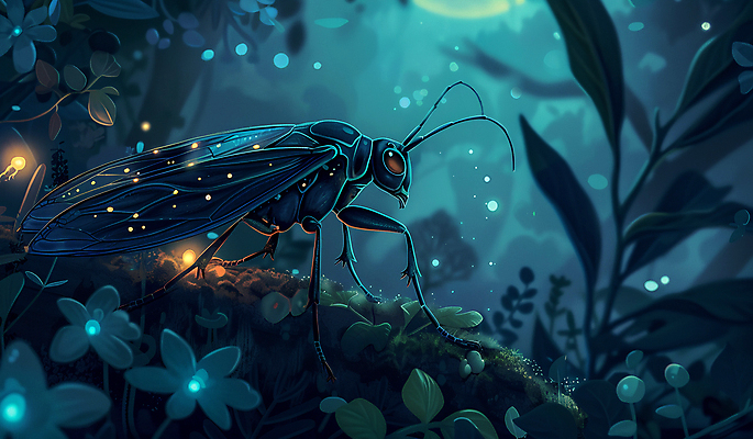 JPG 편집이미지 꽃 곤충 이야기 사람없음 풀잎 야간 숲 달빛 이미지편집 편집실사 AI컴퓨터그래픽 AI콘텐츠 자연요소 식물 동물 잎 달 풀_식물 CG 파일형식