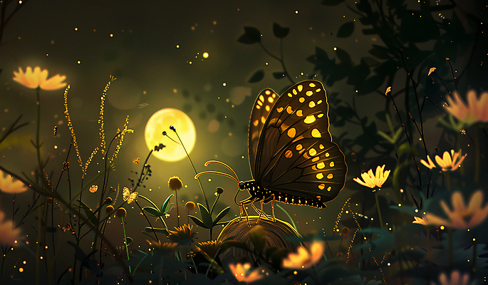 JPG 편집이미지 꽃 나비 곤충 이야기 사람없음 야간 숲 달빛 이미지편집 편집실사 AI컴퓨터그래픽 AI콘텐츠 자연요소 식물 동물 달 CG 파일형식