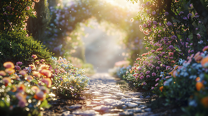 JPG 편집이미지 꽃 길 꽃밭 자연 휴식 풍경 사람없음 햇빛 정원 봄 편집실사 AI포토 AI콘텐츠 식물 계절 컨셉 태양 CG 생태계 파일형식