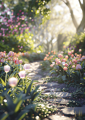 JPG 편집이미지 꽃 길 꽃밭 자연 휴식 풍경 사람없음 햇빛 정원 봄 편집실사 AI포토 AI콘텐츠 식물 계절 컨셉 태양 CG 생태계 파일형식