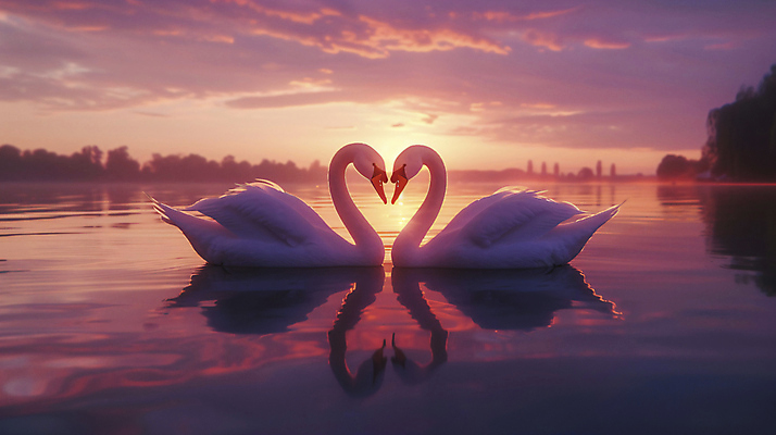 JPG 편집이미지 호수 두마리 풍경 사람없음 빛 반사 노을 수면 편안함 합성 백조 이미지 편집실사 AI포토 AI콘텐츠 자연요소 2 조류 물 감각 CG 파일형식