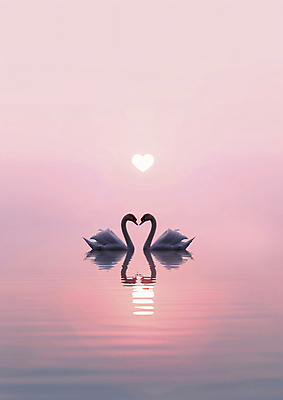 JPG 편집이미지 호수 분홍색 두마리 풍경 사람없음 반사 하트 수면 편안함 합성 백조 이미지 편집실사 AI포토 AI콘텐츠 모양 컬러 2 조류 물 감각 CG 파일형식