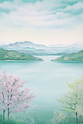 JPG 나무 구름 꽃 호수 백그라운드 일러스트 하늘 수채화 산 사람없음 봄풍경 봄 벚꽃 번짐 국내일러스트 AI일러스트 AI콘텐츠 자연요소 식물 계절 풍경 파일형식 효과