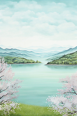 JPG 나무 구름 꽃 호수 백그라운드 일러스트 하늘 수채화 산 사람없음 봄풍경 봄 벚꽃 번짐 국내일러스트 AI일러스트 AI콘텐츠 자연요소 식물 계절 풍경 파일형식 효과