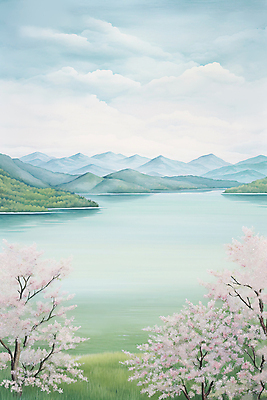 JPG 나무 구름 꽃 호수 백그라운드 일러스트 하늘 수채화 산 사람없음 봄풍경 봄 벚꽃 번짐 국내일러스트 AI일러스트 AI콘텐츠 자연요소 식물 계절 풍경 파일형식 효과
