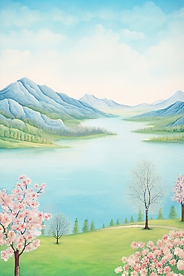 JPG 나무 구름 꽃 호수 백그라운드 일러스트 하늘 수채화 산 초원 사람없음 봄풍경 봄 벚꽃 번짐 국내일러스트 AI일러스트 AI콘텐츠 자연요소 식물 계절 풍경 파일형식 효과