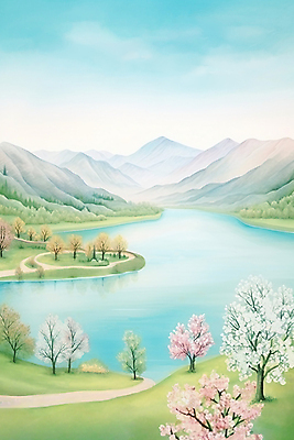 JPG 나무 구름 꽃 호수 백그라운드 일러스트 하늘 수채화 산 초원 사람없음 봄풍경 봄 벚꽃 번짐 국내일러스트 AI일러스트 AI콘텐츠 자연요소 식물 계절 풍경 파일형식 효과