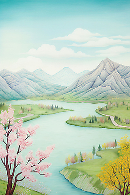 JPG 나무 구름 꽃 호수 백그라운드 일러스트 하늘 수채화 산 초원 사람없음 봄풍경 봄 벚꽃 번짐 국내일러스트 AI일러스트 AI콘텐츠 자연요소 식물 계절 풍경 파일형식 효과