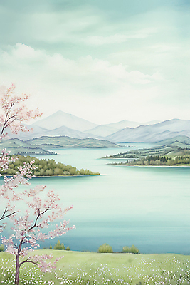 JPG 나무 구름 꽃 호수 백그라운드 일러스트 하늘 수채화 산 사람없음 봄풍경 봄 벚꽃 번짐 국내일러스트 AI일러스트 AI콘텐츠 자연요소 식물 계절 풍경 파일형식 효과