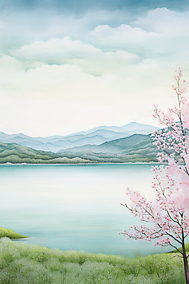 JPG 나무 구름 꽃 호수 백그라운드 일러스트 하늘 수채화 산 사람없음 봄풍경 봄 벚꽃 번짐 국내일러스트 AI일러스트 AI콘텐츠 자연요소 식물 계절 풍경 파일형식 효과