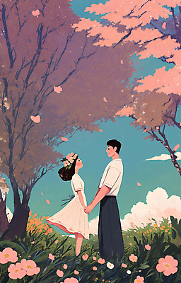 PSD 커플 여자 남자 꽃 분홍색 데이트 일러스트 서기 풍경 성인 두명 마주보기 손잡기 화관 봄풍경 봄 벚꽃 벚나무 감성 성인만 국내일러스트 나무 식물 계절 컬러 컨셉 관계 모션 사람 파일형식