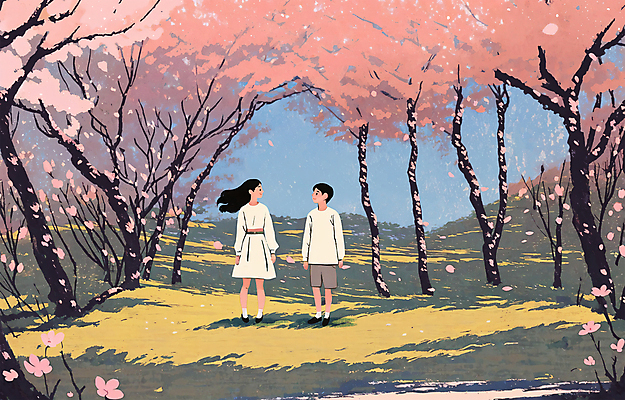 전신 PSD 커플 여자 남자 꽃 어린이 분홍색 일러스트 서기 풍경 소녀 소년 두명 봄풍경 봄 벚꽃 벚나무 감성 어린이만 국내일러스트 나무 식물 계절 컬러 컨셉 관계 모션 사람 파일형식