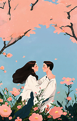 PSD 커플 여자 남자 꽃 분홍색 데이트 일러스트 포옹 풍경 성인 두명 마주보기 봄풍경 봄 벚꽃 벚나무 감성 성인만 어깨에손 국내일러스트 나무 식물 계절 컬러 컨셉 관계 안기 모션 사람 파일형식