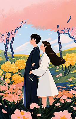 PSD 커플 여자 남자 꽃 분홍색 데이트 일러스트 서기 풍경 성인 두명 팔짱 봄풍경 봄 벚꽃 벚나무 감성 성인만 국내일러스트 나무 식물 계절 컬러 컨셉 관계 모션 사람 파일형식
