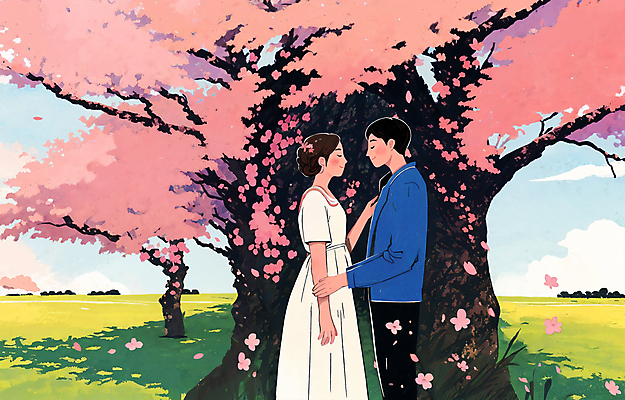 PSD 나무 커플 여자 남자 분홍색 데이트 일러스트 서기 풍경 성인 두명 마주보기 손잡기 봄풍경 봄 벚꽃 벚나무 감성 성인만 국내일러스트 식물 계절 꽃 컬러 컨셉 관계 모션 사람 파일형식