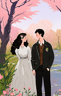 PSD 커플 여자 남자 꽃 분홍색 데이트 일러스트 서기 풍경 성인 두명 마주보기 손잡기 봄풍경 봄 벚꽃 벚나무 감성 성인만 국내일러스트 나무 식물 계절 컬러 컨셉 관계 모션 사람 파일형식