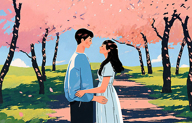 PSD 커플 여자 남자 꽃 분홍색 데이트 일러스트 포옹 서기 풍경 성인 두명 마주보기 봄풍경 봄 벚꽃 벚나무 감성 성인만 국내일러스트 나무 식물 계절 컬러 컨셉 관계 안기 모션 사람 파일형식