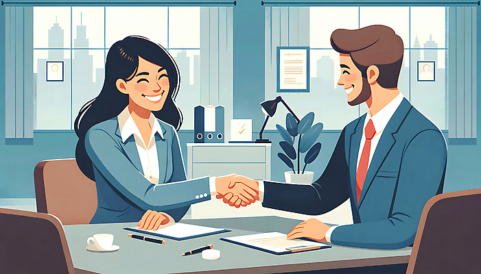 JPG 여자 남자 커피 일러스트 비즈니스 성공 회의 넥타이 협력 악수 웃음 정장 상반신 성인 두명 사무실 구직 책상 면접 문서 취업준비생 소통 채용 파트너십 성인만 국내일러스트 AI일러스트 AI콘텐츠 잡화 옷 음료 가구 컨셉 표정 사람 손짓 파일형식