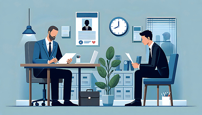 JPG 남자 의자 일러스트 비즈니스 회의 협력 들기 앉기 정장 성인 두명 사무실 구직 책상 면접 문서 취업준비생 채용 파트너십 성인남자만 국내일러스트 AI일러스트 AI콘텐츠 옷 가구 컨셉 모션 사람 남자만 성인만 파일형식