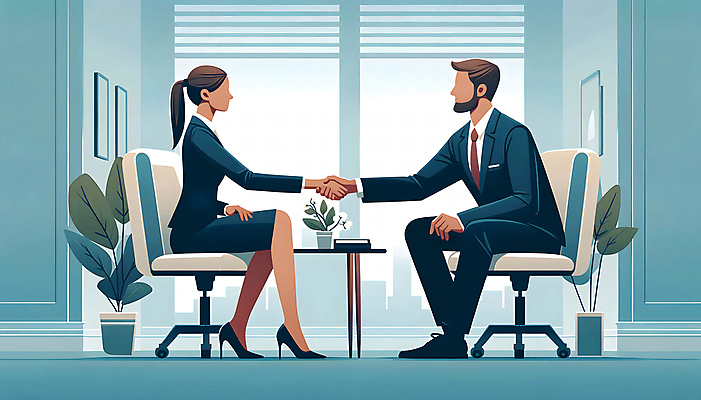 JPG 여자 남자 일러스트 비즈니스 성공 회의 협력 악수 정장 성인 두명 사무실 구직 책상 면접 취업준비생 채용 파트너십 성인만 국내일러스트 AI일러스트 AI콘텐츠 옷 가구 컨셉 사람 손짓 파일형식