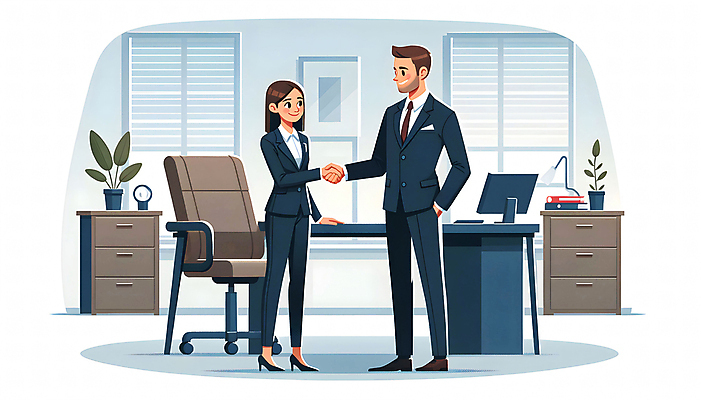 JPG 여자 남자 일러스트 비즈니스 회의 악수 웃음 정장 성인 두명 사무실 구직 책상 면접 취업준비생 소통 채용 성인만 국내일러스트 AI일러스트 AI콘텐츠 옷 가구 컨셉 표정 사람 손짓 파일형식