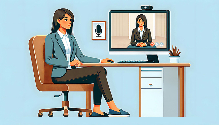 JPG 전신 여자 일러스트 비즈니스 성공 상반신 성인 두명 컴퓨터 모니터 구직 면접 취업준비생 면접관 채용 취업문 성인여자만 비대면면접 국내일러스트 AI일러스트 AI콘텐츠 컨셉 사람 전자제품 여자만 성인만 파일형식 언택트