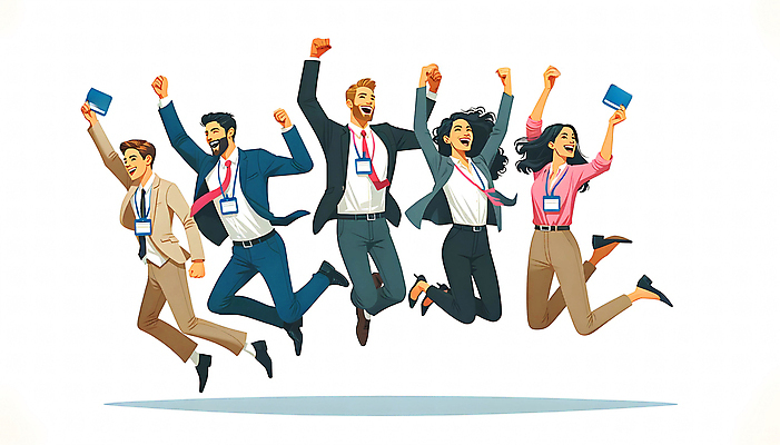 JPG 남자 일러스트 비즈니스 성공 정장 여러명 성인 점프 주먹 기쁨 만세 구직 면접 사원증 채용 취업문 성인만 국내일러스트 AI일러스트 AI콘텐츠 옷 감정 다수 컨셉 모션 사람 파일형식