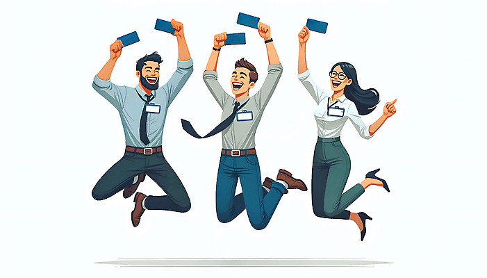 JPG 남자 일러스트 비즈니스 성공 정장 성인 세명 점프 기쁨 만세 구직 면접 사원증 채용 취업문 성인만 국내일러스트 AI일러스트 AI콘텐츠 옷 감정 컨셉 모션 사람 파일형식