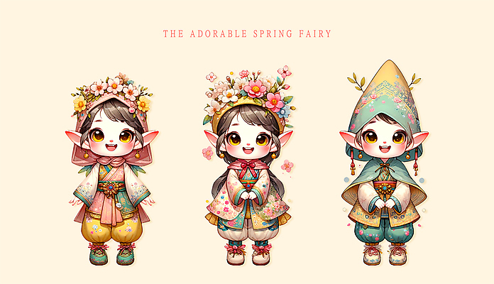 전신 PSD 캐릭터 응시 여자 꽃 어린이 일러스트 요정 소녀 세명 노란색 귀여움 봄 소녀만 일러캐릭터 식물 시선 계절 컬러 컨셉 사람 여자만 어린이만 파일형식