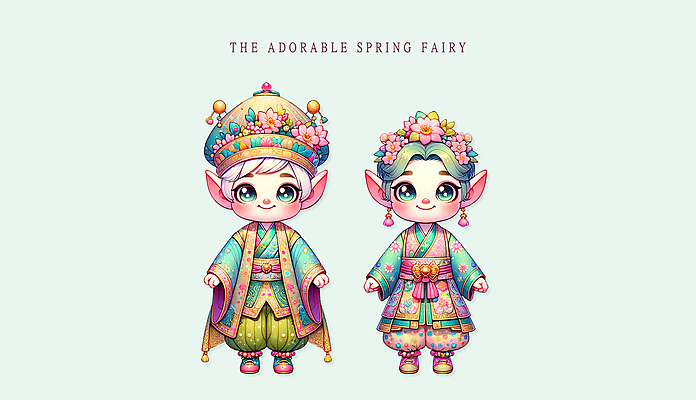 전신 PSD 캐릭터 응시 여자 남자 꽃 어린이 일러스트 요정 소녀 소년 두명 귀여움 봄 민트색 어린이만 일러캐릭터 식물 시선 계절 컬러 컨셉 사람 파일형식