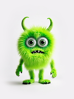 JPG 전신 편집이미지 캐릭터 한마리 털 뿔 사람없음 연두색 귀여움 디지털합성 애니메이션 몬스터 편집소스 이미지편집 편집실사 AI컴퓨터그래픽 AI콘텐츠 1 컨셉 초록색 CG 파일형식