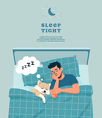 남자 반려견 일러스트 베개 휴식 함께함 한명 성인 파란색 눕기 평화 이불 침대 잠 야간 초승달 숙면 성인남자한명만 국내일러스트 AI파일 자연요소 1 컬러 가구 컨셉 침구 모션 사람 반려동물 달 개 남자한명만 성인남자만 파일형식 벡터