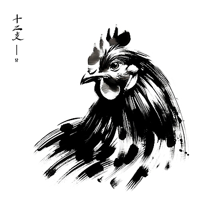 PSD 한마리 전통 아시아 예술 일러스트 붓터치 수묵화 사람없음 검은색 십이지신 닭 동양화 국내일러스트 1 나라 컬러 조류 미술 파일형식