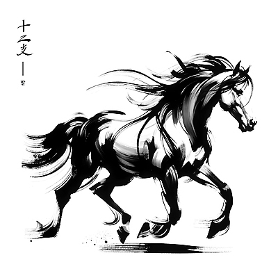 PSD 한마리 전통 아시아 예술 일러스트 붓터치 수묵화 사람없음 검은색 십이지신 말_동물 동양화 국내일러스트 1 나라 컬러 포유류 미술 파일형식