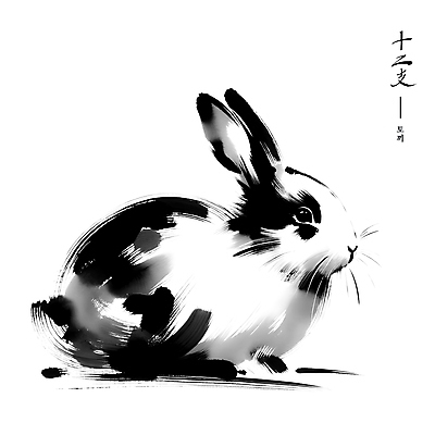 PSD 한마리 전통 아시아 예술 일러스트 붓터치 수묵화 사람없음 귀여움 검은색 십이지신 토끼 동양화 국내일러스트 1 나라 컬러 컨셉 포유류 미술 반려동물 파일형식