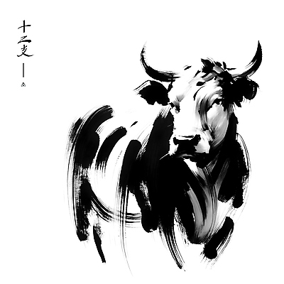PSD 한마리 전통 아시아 예술 일러스트 붓터치 수묵화 사람없음 검은색 십이지신 소 동양화 국내일러스트 1 나라 컬러 포유류 미술 파일형식