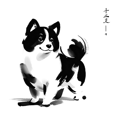 PSD 한마리 전통 아시아 예술 일러스트 붓터치 수묵화 사람없음 검은색 십이지신 강아지 동양화 국내일러스트 1 나라 컬러 미술 반려동물 개 파일형식