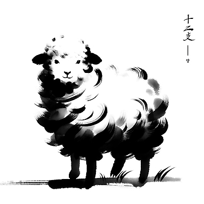 PSD 한마리 전통 아시아 예술 일러스트 붓터치 수묵화 사람없음 검은색 십이지신 양 동양화 국내일러스트 1 나라 컬러 포유류 미술 파일형식