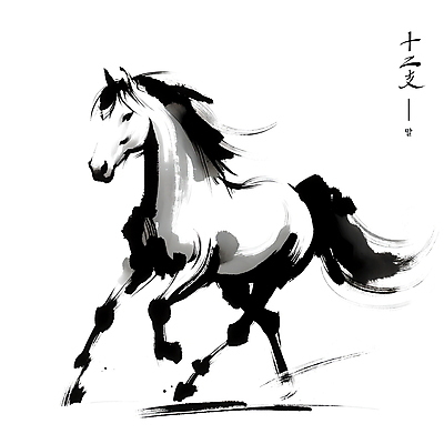PSD 한마리 전통 아시아 예술 일러스트 붓터치 수묵화 사람없음 검은색 십이지신 말_동물 동양화 역동적 국내일러스트 1 나라 컬러 컨셉 포유류 미술 파일형식