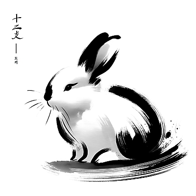 PSD 한마리 전통 아시아 예술 일러스트 붓터치 수묵화 사람없음 귀여움 검은색 십이지신 토끼 동양화 국내일러스트 1 나라 컬러 컨셉 포유류 미술 반려동물 파일형식
