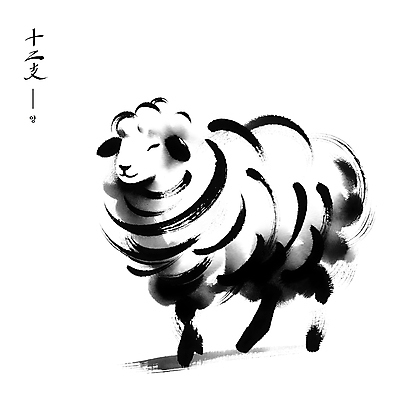 PSD 한마리 전통 아시아 예술 일러스트 붓터치 수묵화 사람없음 검은색 십이지신 양 동양화 부드러움 국내일러스트 1 나라 컬러 포유류 미술 감각 파일형식