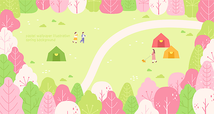 공원 여자 남자 반려견 길 어린이 백그라운드 일러스트 텐트 풍경 소녀 소년 성인 세명 정원 봄 산책 캠핑 벚나무 강아지 국내일러스트 AI파일 나무 계절 공공시설 레저 휴식 캠핑도구 사람 반려동물 벚꽃 개 파일형식 벡터