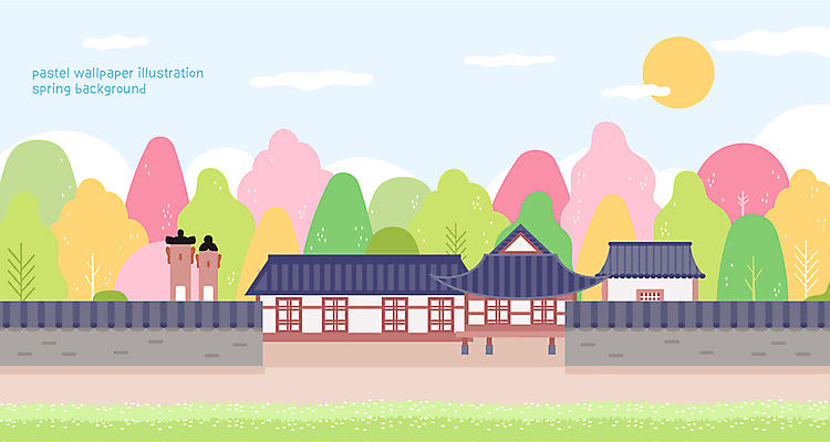 나무 구름 전통 백그라운드 일러스트 하늘 한옥 풍경 잔디 사람없음 태양 봄 벚나무 장승 기와담장 국내일러스트 AI파일 자연요소 식물 한국전통 계절 고건축 기와 담장 벚꽃 파일형식 벡터