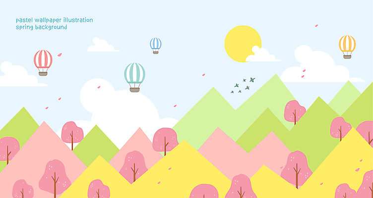 구름 백그라운드 일러스트 조류 하늘 산 풍경 사람없음 태양 봄 열기구 비행 벚나무 국내일러스트 AI파일 자연요소 나무 동물 계절 항공교통 벚꽃 파일형식 벡터